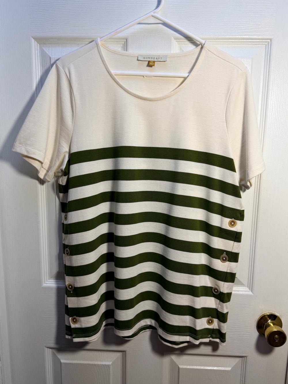 Downeast Cream & Olive Green Striped Button-Accent Cotton Top